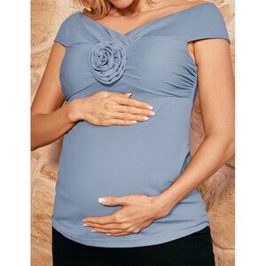 Maternity Tops Off Shoulder 3D Flower V Neck Knitted Stretch Pale Blue Large
